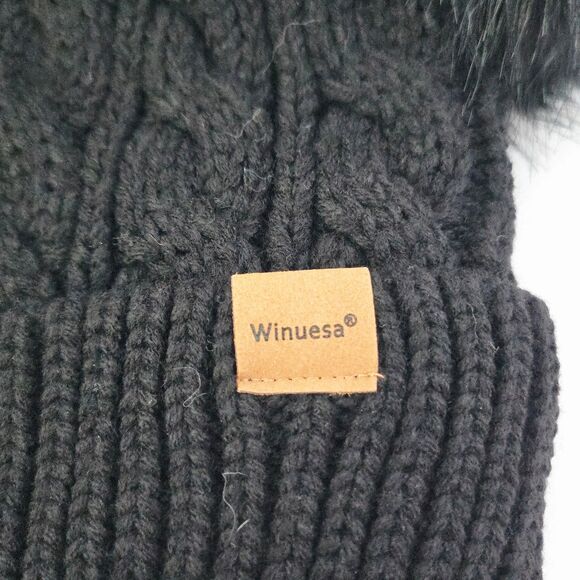 Women's Black Cable Knit Double Pom Pom Beanie Winter Hat Fleece Lined Cat Ears - Picture 5 of 7